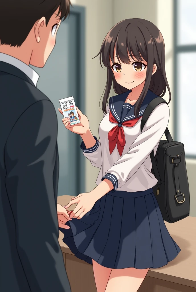1man 1girl, A big eyes high school girl is blunt bangs and small skinny body and blush and crying and wearing school bag and braless school uniform and navy pleated skirt and who came for a job interview is holding her hand on the desk and presenting her student ID card, The fat and naughty-faced boss is looking at her rolluped skirt from behind