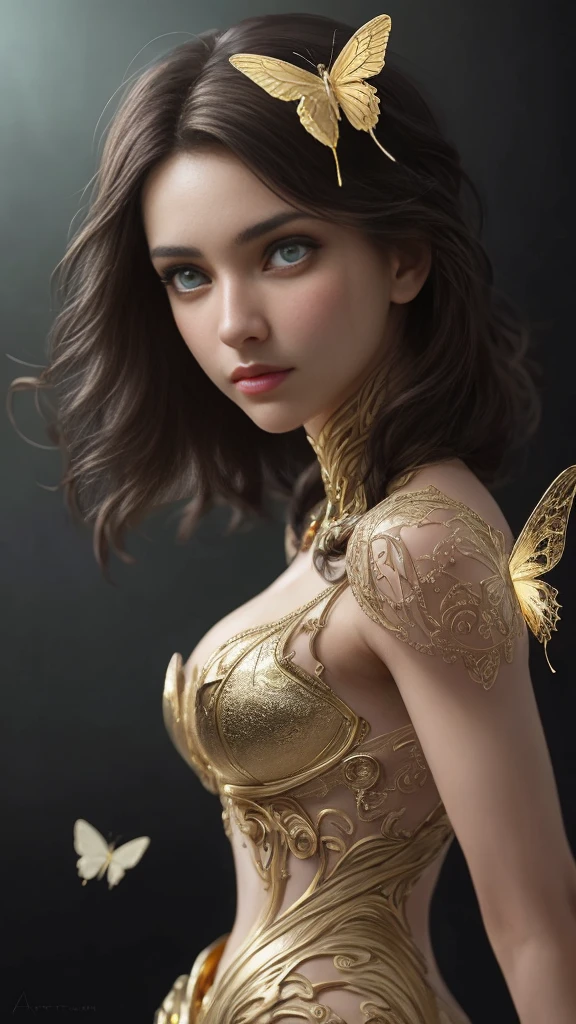 8k portrait of beautiful cyborg with brown hair, intricate, elegant, highly detailed, majestic, digital photography, art by artgerm and ruan jia and greg rutkowski surreal painting gold butterfly filigree, broken glass, (masterpiece, sidelighting, finely detailed beautiful eyes: 1.2), hdr,