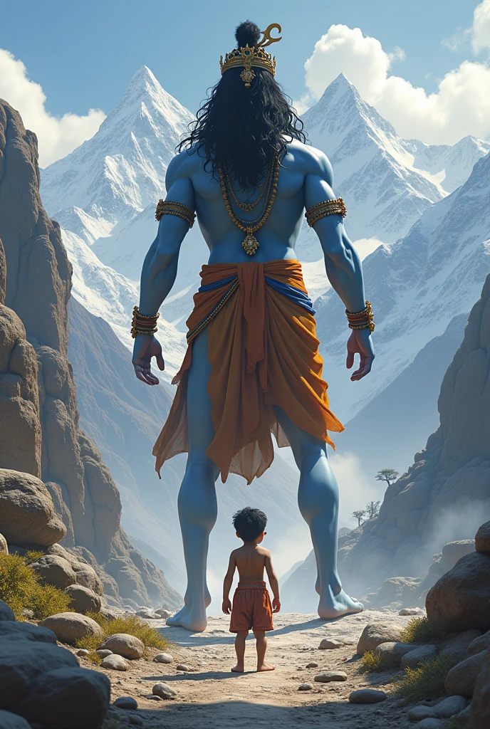 a small human boy stopping Lord Shiva from entering into a palace because maa parvati was bathing
Boy has to be cute
Background has to be himalayas