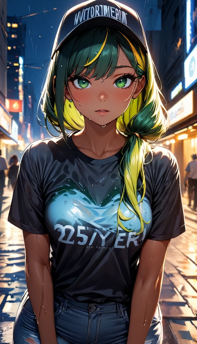 (highest quality:1.2, Very detailed, up to date, Vibrant, Ultra-high resolution, High Contrast, masterpiece:1.2, highest quality, Best aesthetics), Portraiture、girl、((25 years old:1.5)), (slim:1), 25-years-old, trucker cap:1, t-shirt, jeans, Bright colors、Beautiful fine details、Beautiful lip detail、long hair、low ponytail, white and yellow green ((streaked hair:1.6)), highlights hair: 1.5, (small breast,:1) (tan skin:1.1), (running:1), night city, (wet overflow, wet on hair, wet on body, wet on clothes), Heavy rain:1.5, cowboy shot, look at viewer