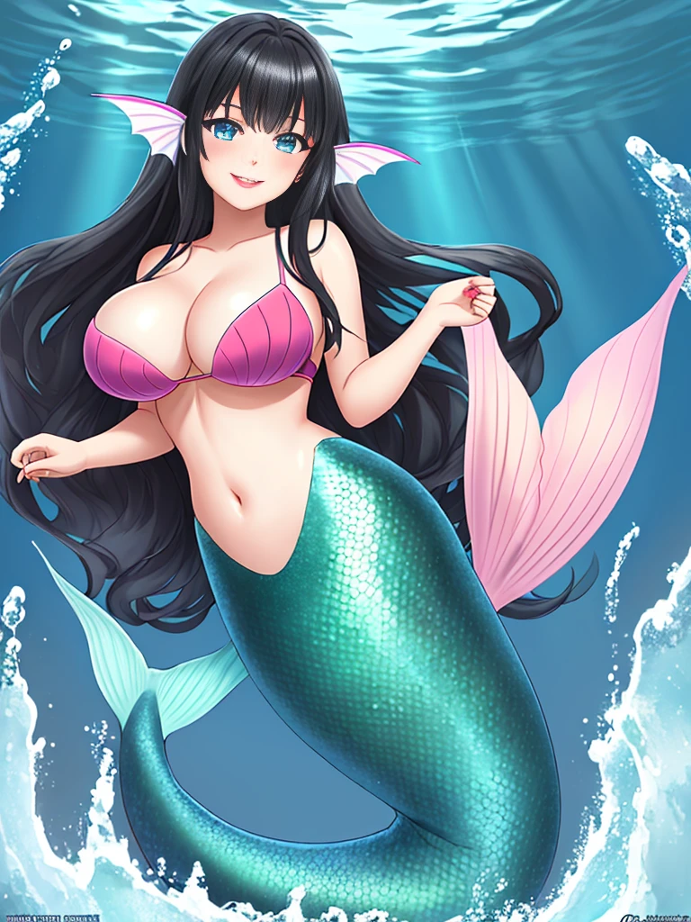 1girl, dark girl, mermaid, long hair, black hair, blue eyes, red lips, pink eyeshadow, smile, blush, happy face, full body, large breasts, mature female, underwater, yellow mermaid tail,