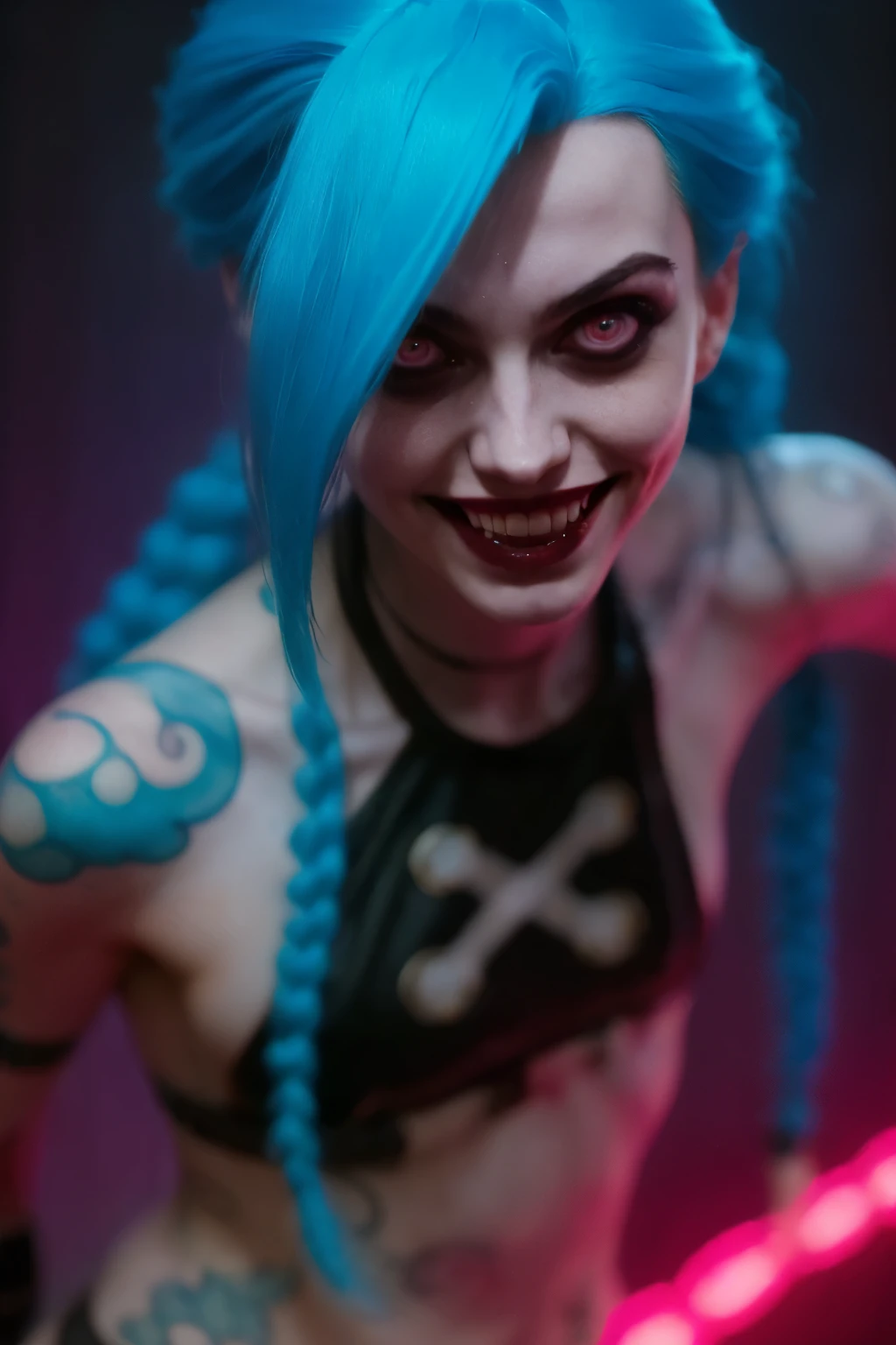 Hyper realistic super detailed Jinx cosplay ,(( Young girl, )) , Very detailed, (hyper realistic: 1.4), ((in dynamic fight pose)) , ((angry face)) , twin braids, long hair, blue hair, red eyes, (((blue tattoo on arm))) , ((skinny body)) , (((psycho face, creppy smiling) )), arcane style. ((Grunge Neon grafitti background, cinematic lighting)).