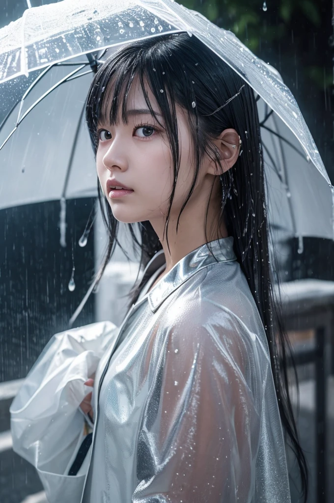 In this scene, a beautiful Japanese girl is depicted realistically.、She has a sharp gaze、She is depicted with wet white-silver hair falling over her face.。The background is a gray gradient、It gives the feeling of rough weather and the aftermath of a battle.。She is wearing a shiny silver sheer vinyl outfit.、This costume is、The texture of the raindrops sticking to your skin is realistically expressed.。
She clenched her fists、The other hand is pulled sharply、preparing for battle。As a photographic technique、The contrast of light and shadow is used skillfully.、In particular, the texture of her skin and the sheen of her outfit are emphasized.。The movement of water droplets splashing is captured in an instant.、The realism of moving scenes is emphasized, making them appear still.。
The overall screen is composed of vertical screens.、Her gaze naturally drifted from her face to her fist.、And it's designed to lead you into the background.。Ultra-realistic live-action depiction、The visuals are so powerful they seem like a scene straight out of a movie.。