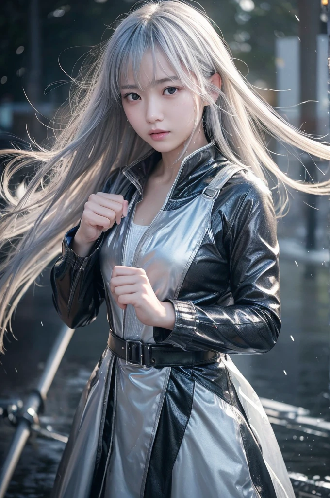 In this scene, a beautiful Japanese girl is depicted realistically.、She has a sharp gaze、She is depicted with wet white-silver hair falling over her face.。The background is a gray gradient、It gives the feeling of rough weather and the aftermath of a battle.。She is wearing a shiny silver sheer vinyl outfit.、This costume is、The texture of the raindrops sticking to your skin is realistically expressed.。
She clenched her fists、The other hand is pulled sharply、preparing for battle。As a photographic technique、The contrast of light and shadow is used skillfully.、In particular, the texture of her skin and the sheen of her outfit are emphasized.。The movement of water droplets splashing is captured in an instant.、The realism of moving scenes is emphasized, making them appear still.。
The overall screen is composed of vertical screens.、Her gaze naturally drifted from her face to her fist.、And it's designed to lead you into the background.。Ultra-realistic live-action depiction、The visuals are so powerful they seem like a scene straight out of a movie.。