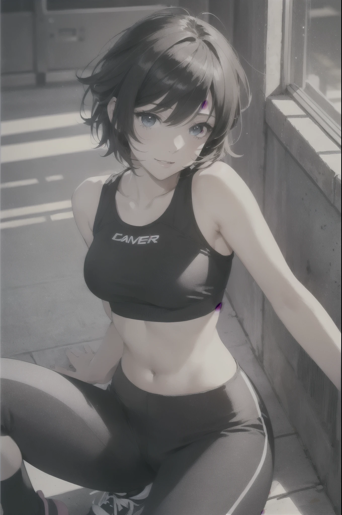 (Best Quality,4K,8K,hight resolution,masutepiece:1.2), Ultra-detailed, (Realistic,photoRealistic,photo-Realistic:1.37), ((cowboy shot)),(full body)),((slender body)),((sitting)),((hold one’s knees)),((very-short-hair-girl)), Wearing sweat,grin,((sports bra and black leggings)), wristbands,((White loose socks)),((socks over the leggings)),((sneakers)),Beautiful detailed eyes, Beautiful detailed lips, extremely detailed eye and face, long eyelashes, Realistic anime 3D style, Smooth Anime CG Art, Digital rendering by Makoto Shinkai, Moe Anime Art Style, photoRealistic rendering of an anime girl, Shinkai Makoto style, Cute anime girl visuals, Realistic young anime girl, girl fan art, Created by Anime Artist'studio of.