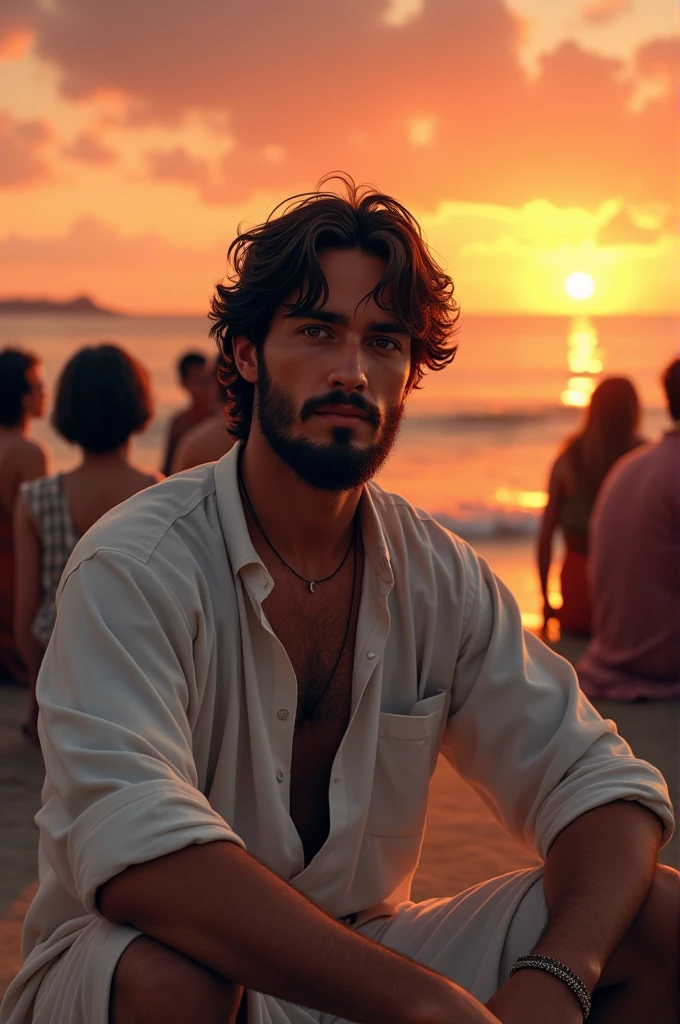 A young man wearing white veysti shirt with dark hair and beard sitting on the crowd of people background beach sunset orangish background 