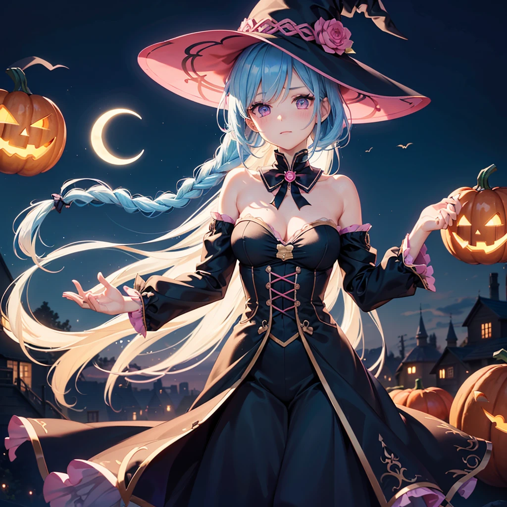 (Sky Blue Hair),(Braided medium hair:1.2), (Pink Eyes),Fair skin) ,(whole body),(One Girl),(Crescent Moon),(There are many pumpkin ghosts in the background),(If you don't give me sweets, I'll be mischievous.),Halloween Night Party),(masterpiece, Highest quality, Very detailed, Best Shadow), (Detailed Background), (Beautifully detailed face), High Contrast, (Best lighting, Very delicate and beautiful), ((Cinematic Light)), Hyper Detail,8k, Dramatic Light, Intricate details,Witch&#39;s Clothes,Magic broom,night,Bats flying in the background,