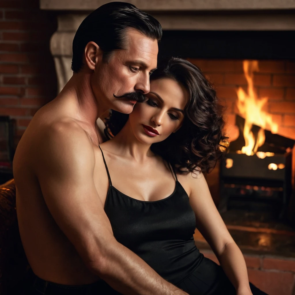 The man in his 45s with black very short hair and smooth face with moustache. The woman in her 45s wit brown long wavy hair. Romantic. Sensual. Passion. Fireplace. Night, dark, dim. Ultra realistic.