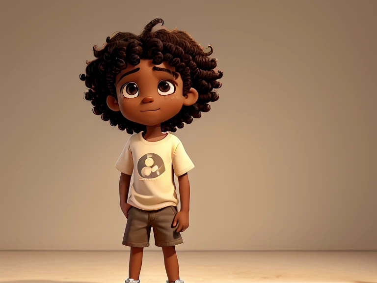 Make a picture of a 10 year old black boy, with very short and curly hair, with brown and sparkling eyes. He is wearing shorts and a t-shirt. He is standing turned sideways. A background with clean walls in a very light beige tone emphasizing only the boy.