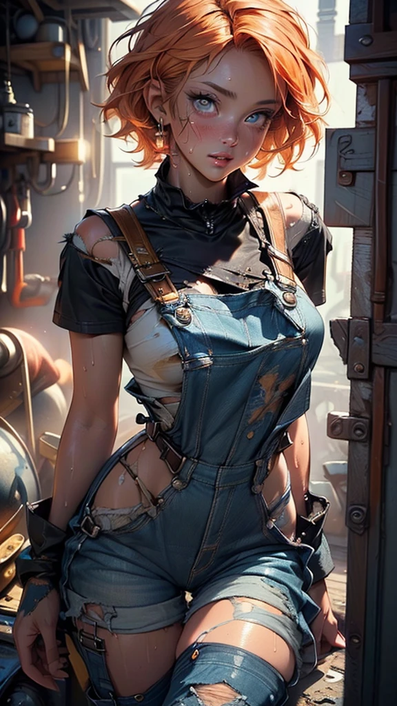 girl genie,(((1girl))),((girl with extremely cute and beautiful hair)),
(large breasts:1.4),(((orange hair:1.35,short hair))),(((eyes_orange:1.3))),intricate eyes,beautiful detailed eyes,symmetrical eyes,((fat)),((((lustrous skin:1.5,bright skin: 1.5,shiny skin,very shiny skin,shiny body,plastic glitter skin,exaggerated shiny skin,illuminated skin,wet legs))),(spider lower abdomen,narrow waist,wide hip,athletic body,inflated legs, thick thighs,detailed body,(detailed face)),
cute,slutty,seductive,erotic,(nsfw),
((woman mechanic wearing tattered worn-out revealing stained military overalls:1.4)), ((his only clothing is overalls)),(( grunge, oily, sweaty, dirty, ripped)),show skin,
(dynamic pose:1.0),((happy)),(centered,scale to fit dimensions,Rule of thirds),
inside,indoor,((cozy steampunk room)),scenery:1.25,((intricate scenery)),((steampunk decorations)),
(Glossy steampunk ornaments),highres,sharp focus,(ultra detailed,extremely detailed),(photorealistic artwork:1.37),(extremely detailed CG unity 8k wallpaper),(((vibrant colors,vibrant theme))),(intricate),(masterpiece),(best quality),artistic photography,(photography taken by sldr),(intricate background),perfect rendered face,perfect face details,realistic face,photo realistic,((intricate detail)),(((realism))),