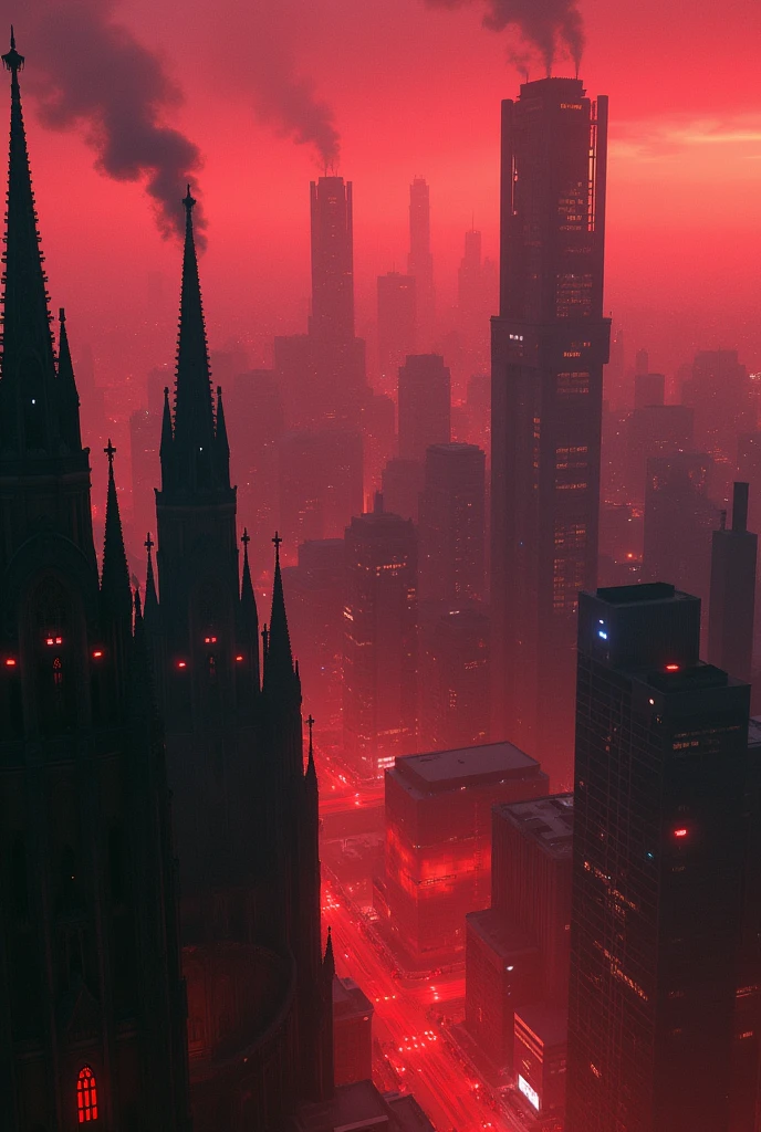 The image will show a wide perspective of the city, featuring the tall, gothic spires and cathedrals, industrial chimneys, and futuristic skyscrapers. The reddish tones will dominate the scene, with fog and rain adding to the moody atmosphere. You'll see the mix of dark, intricate architecture with neon lights, steam rising from various parts of the city, and a blend of old and new structures creating a unique and ominous skyline.