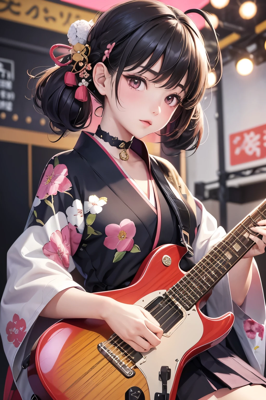 masterpiece, best quality, very detailed, high resolution, expensive resolution, high resolution, 4K, 8k, Unity 8k wallpaper, highly detailed CG, masterpiece, 2D, 3D, beautiful details, depth, fine texture, best quality: 1.3, perfect focus, crispy skin, he,
Very cute anime girl, girl playing guitar vocals in a band wearing a Japanese fancy floral haori hakama, on outdoor stage, full body, expensive pink and black short twin tail hair, mole under eye, looking at the viewer, expensive, blush, mole, lips open, , heart choker, pink eyes, guitar vocals, stage