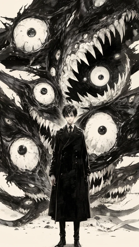 The image shows a dark, eerie scene with a young man standing in the foreground. He has short black hair with glowing golden eyes and is wearing a long, black coat, giving him a mysterious and somber appearance. His expression is neutral or slightly melancholic. 

Behind him looms a nightmarish, chaotic mass of monstrous, surreal creatures with large, terrifying eyes and sharp, jagged teeth. The creatures seem to be emerging from the darkness, surrounding the young man in a threatening, yet mesmerizing manner. The entire scene is done in a monochrome, sketchy, and highly detailed style, which adds to the unsettling and haunting atmosphere of the image.