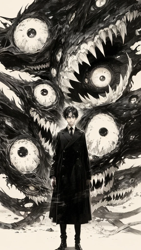The image shows a dark, eerie scene with a young man standing in the foreground. He has short black hair with glowing golden eyes and is wearing a long, black coat, giving him a mysterious and somber appearance. His expression is neutral or slightly melancholic.
Behind him looms a nightmarish, chaotic mass of monstrous, surreal creatures with large, terrifying eyes and sharp, jagged teeth. The creatures seem to be emerging from the darkness, surrounding the young man in a threatening, yet mesmerizing manner. The entire scene is done in a monochrome, sketchy, and highly detailed style, which adds to the unsettling and haunting atmosphere of the image.