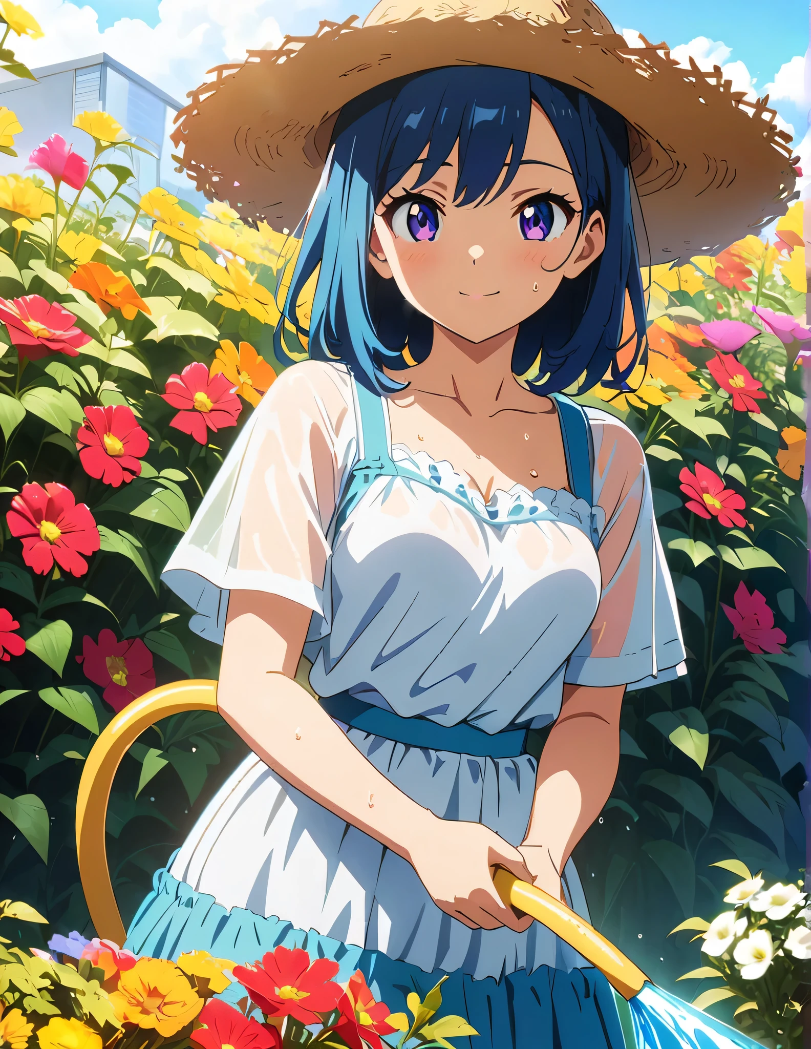 (anime artwork, anime style, studio anime, very detailed, up to date, vibrant, Anime Coloring, high contrast, masterpiece:1.2, best quality, best aesthetics),water the flowers,flower garden,{{summer clothes}},straw hat,see-through,watering hose,1 girl,light smile,sweat,perspired,