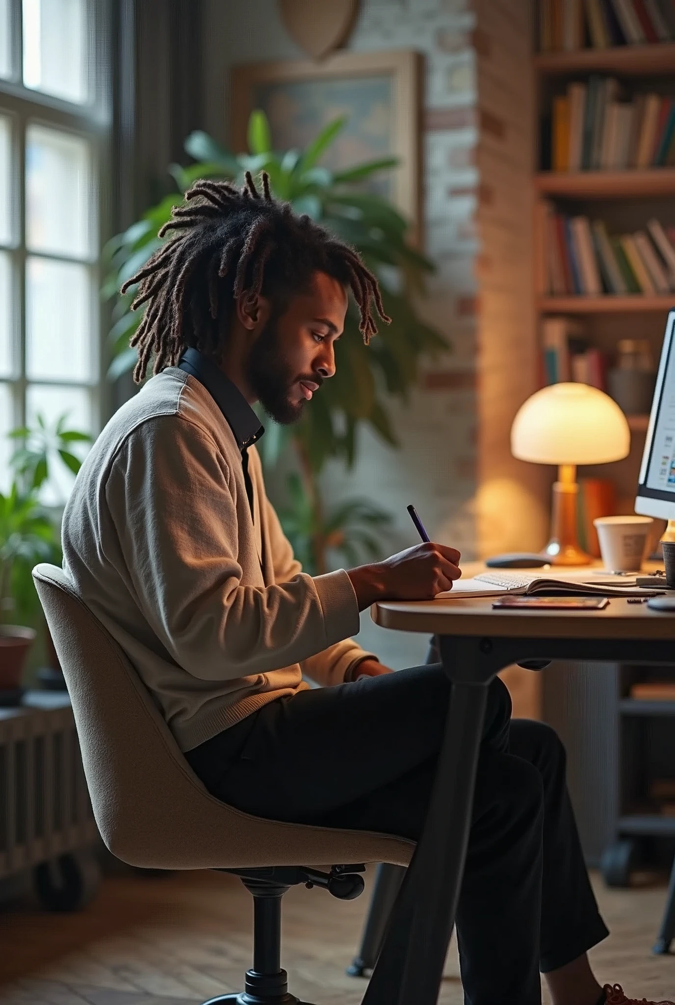 a 29 year old young black man with dreadlocks graphic designer sitting on a chair in an office doing creative work with adobe illustrator.