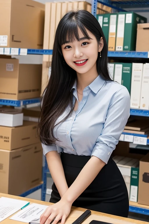 1 lady only, office worker, /(Casual Shirt Pencil Skirt/), /(Black Hair/) Bangs, Blushing friendly smile, (Masterpiece Best Quality:1.2) Extremely detailed, Large Breasts, Lower your armsBREAK (Supply Room Office) indoors, cardboard box, (Steel storage racks)