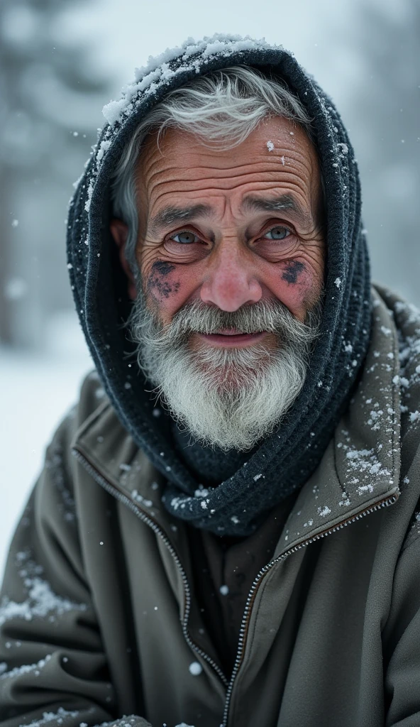 An extremely poor 70-year-old man with black oil marks on his dirty face and unmaintained beard, hair and nails are very dirty wearing a torn plain single grey shirt that barely covers his body looks sad and sorrow, smiling faintly, snowfall continues around him