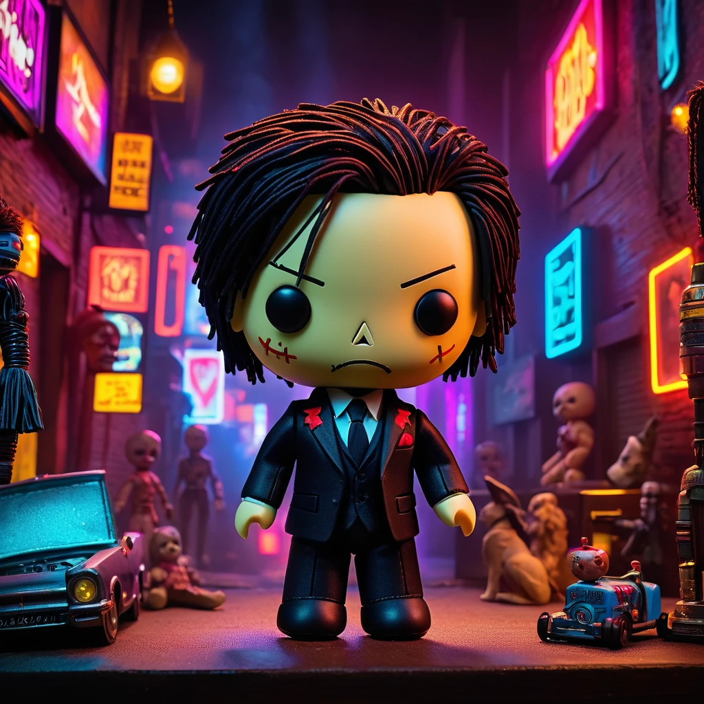 (knitted toy voodoo doll:1.9)
(Voodoo Keanu Reeves:1.2)
(Clothing: tattered John Wick suit with mystical symbols:1.0)
(Accessories: miniature glowing guns, tiny floating neon signs, small enchanted coins:1.2)
(background: eerie dark cityscape with flickering lights, neon signs flickering ominously, and an ethereal glow casting shadows across the scene:1.2), best quality, masterpiece, detailed soft oil painting, detailed background, dramatic cinematic lighting, soft edge lighting, professional, dramatic lighting, hard edge lighting, ultra quality, 4k,masterpiece, best quality, 8k, ultra highres, highres, extremely detailed