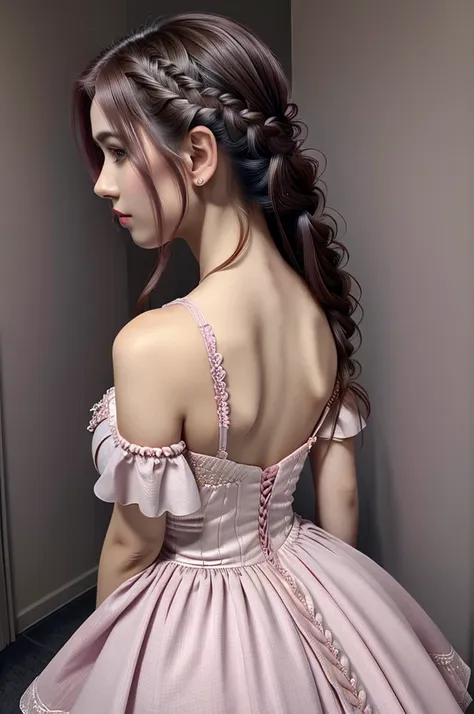 miss woman from behind, pink princess dress, calm look, high quality dress, hd , braided hair, whole body