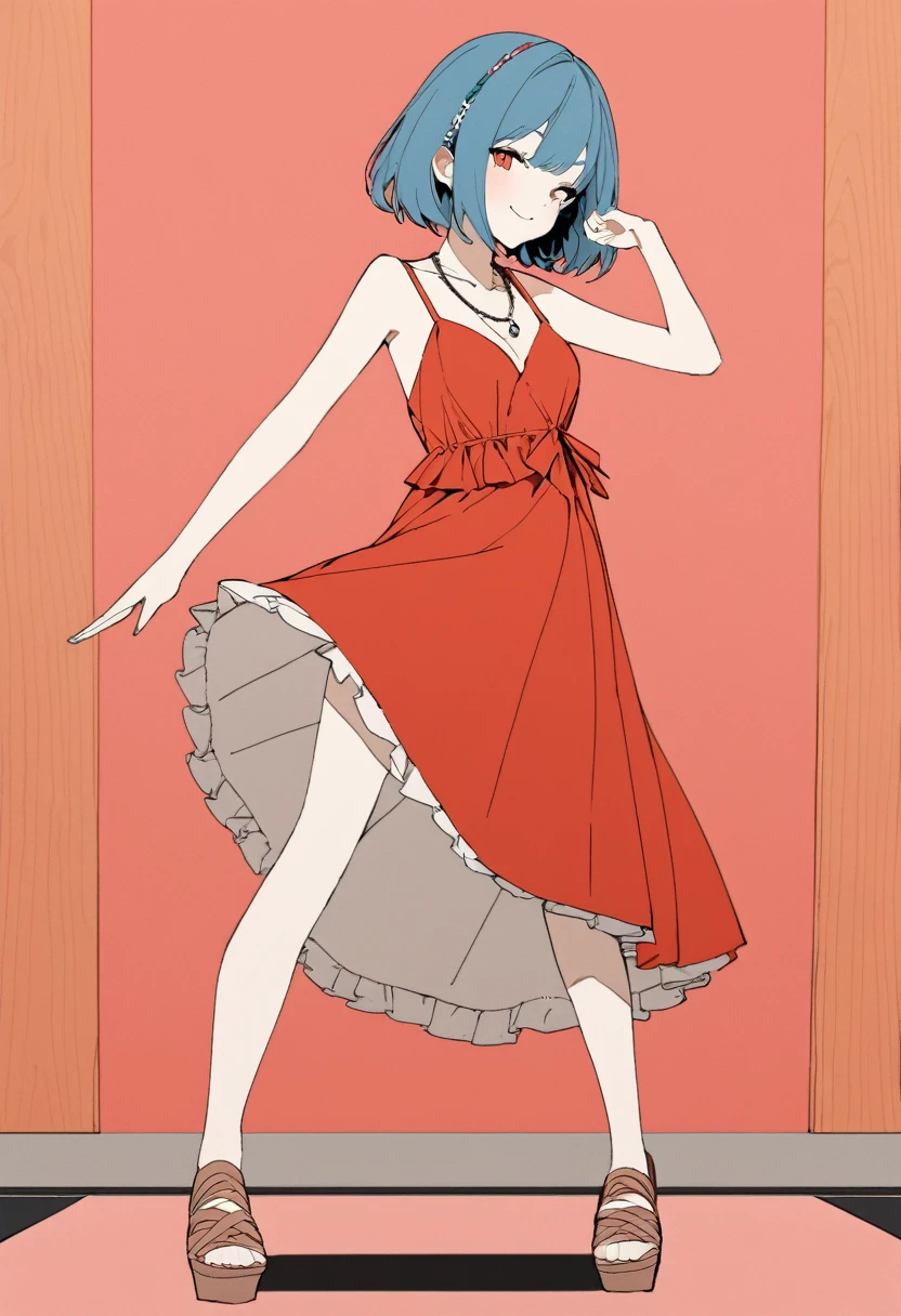 (masterpiece, best quality,ultra highres),(flat color:1.1),latest fashion girl,(shibuya hair-accessories,Red gathered camisole dress,wood sandals),necklace,white stage, BREAK ,dance pose,smile,(16yo,detailed face,(darkblue wavy-short hair),eyebrows,middle small breasts),fullbody
