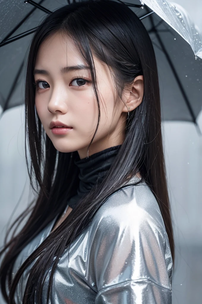 In this scene, a beautiful Japanese girl is depicted realistically.、She has a sharp gaze、She is depicted with wet white-silver hair falling over her face.。The background is a gray gradient、It gives the feeling of rough weather and the aftermath of a battle.。She is wearing a shiny silver sheer vinyl outfit.、This costume is、The texture of the raindrops sticking to your skin is realistically expressed.。
She clenched her fists、The other hand is pulled sharply、preparing for battle。As a photographic technique、The contrast of light and shadow is used skillfully.、In particular, the texture of her skin and the sheen of her outfit are emphasized.。The movement of water droplets splashing is captured in an instant.、The realism of moving scenes is emphasized, making them appear still.。
The overall screen is composed of vertical screens.、Her gaze naturally drifted from her face to her fist.、And it&#39;s designed to lead you into the background.。Ultra-realistic live-action depiction、The visuals are so powerful they seem like a scene straight out of a movie.。