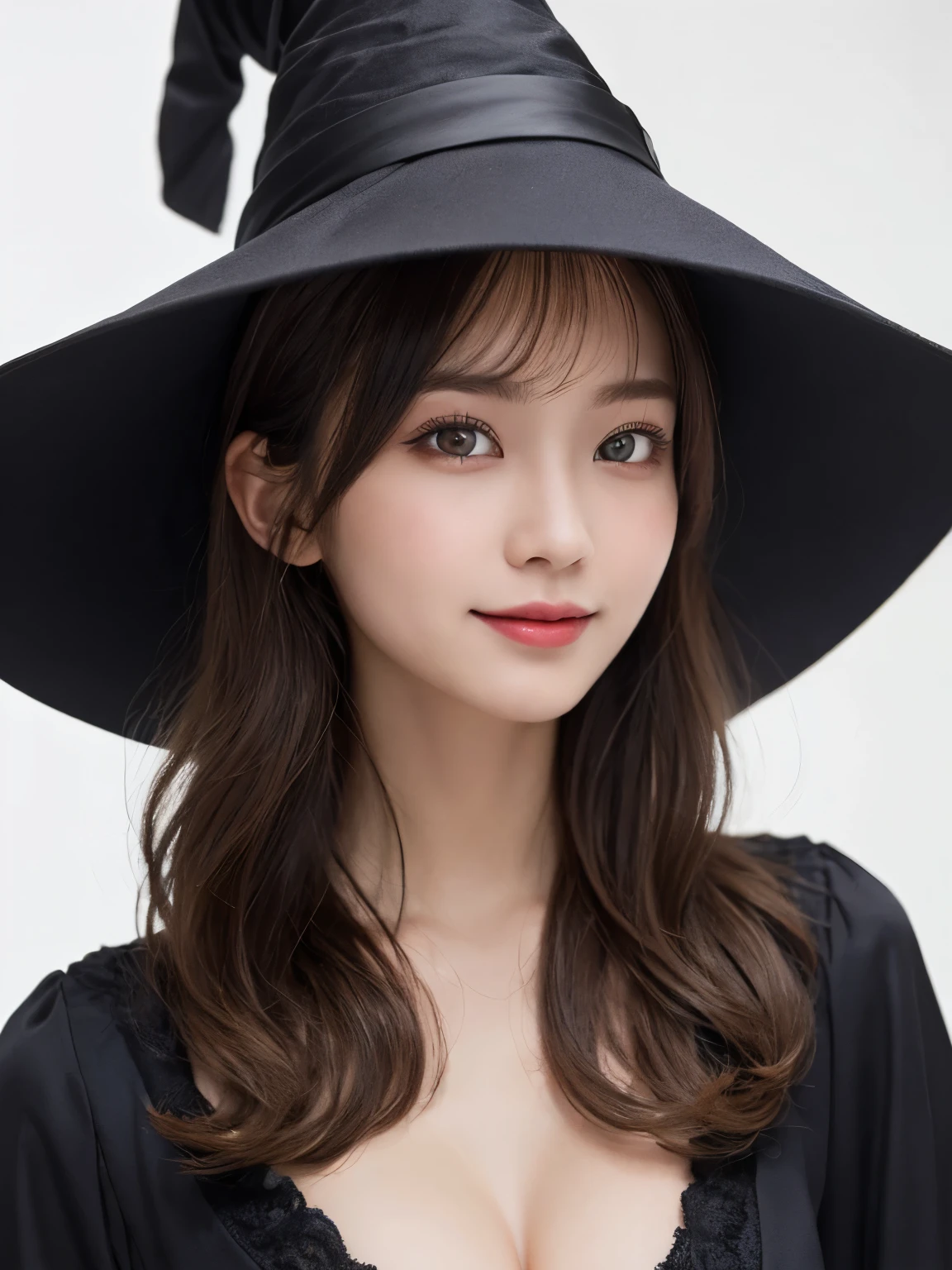 white background, half body portrait, bust shot, looks happy, smile, one girl, (a beauty girl, delicate girl:1.3), (20 years old:1.3), break, (witch costume, Witch hat, Witch clothes), break, very fine eyes, (symmetrical eyes:1.3), break, C cup breasts, brown eyes, parted bangs, brown hair, (smile), break, (eyes and faces with detailed:1.0), break, (masterpiece, best quality, ultra detailed, detailed face, 8k)