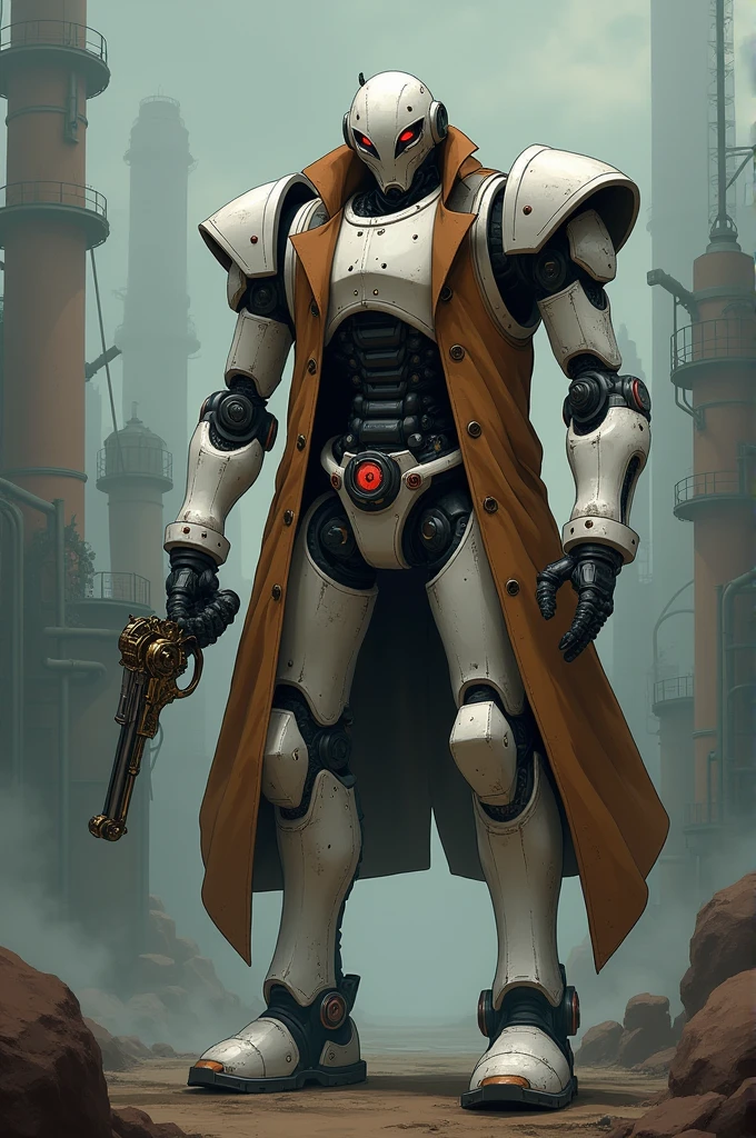 Menacing white robot with black eyes and red pupils
Wearing an Cowboy out fit and a brown raincoat
With a steampunk revolver in anime style