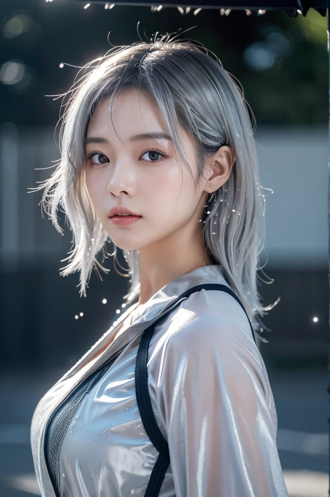 In this scene, a beautiful Japanese girl is depicted realistically.、She has a sharp gaze、She is depicted with wet white-silver hair falling over her face.。The background is a gray gradient、It gives the feeling of rough weather and the aftermath of a battle.。She is wearing a shiny silver sheer vinyl outfit.、This costume is、The texture of the raindrops sticking to your skin is realistically expressed.。
She clenched her fists、The other hand is pulled sharply、preparing for battle。As a photographic technique、The contrast of light and shadow is used skillfully.、In particular, the texture of her skin and the sheen of her outfit are emphasized.。The movement of water droplets splashing is captured in an instant.、The realism of moving scenes is emphasized, making them appear still.。
The overall screen is composed of vertical screens.、Her gaze naturally drifted from her face to her fist.、And it's designed to lead you into the background.。Ultra-realistic live-action depiction、The visuals are so powerful they seem like a scene straight out of a movie.。