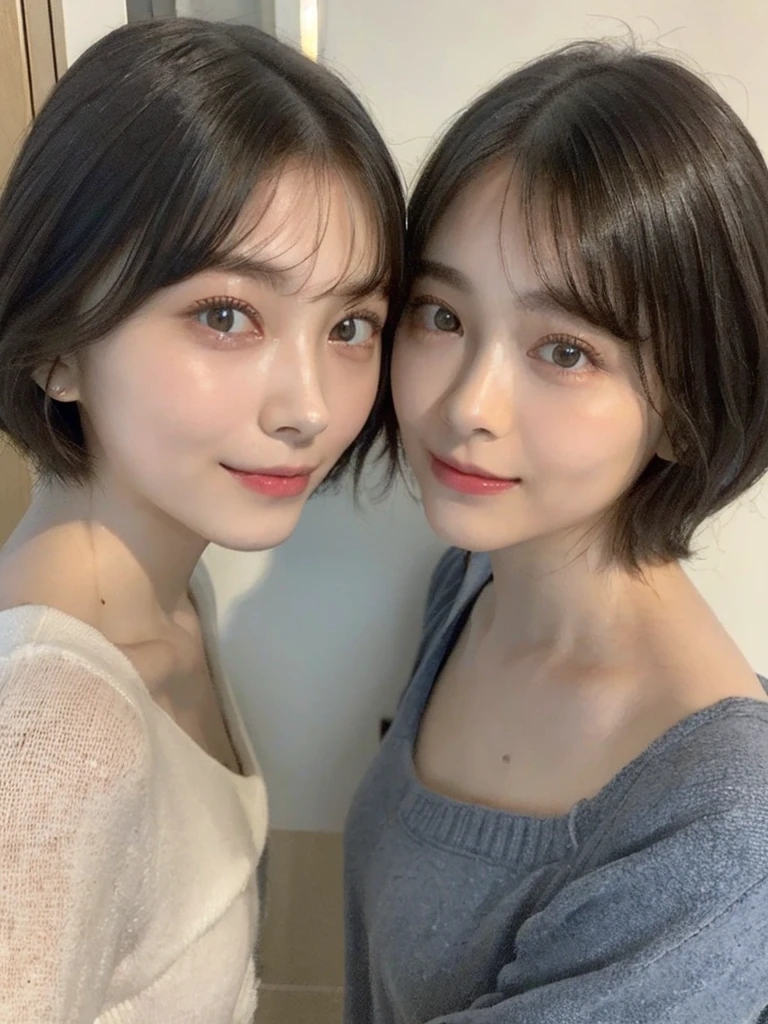 (masterpiece:1.3), (8k, Photoreal, Raw photo, best image quality: 1.4), Japanese high school girl、(random hairstyle:1.2)、cleavage:1.5、super detail face、eye for details、double eyelid、chest to chest、sharp focus:1.2、Beautiful woman:1.4、light brown hair、highest quality、masterpiece、超A high resolution、(Photoreal:1.4)、Highly detailed and professionally lit smiles、loose and light knitwear、shoulder out、thin、serious expression、short haired、deadly position
similar identical twins
All the girls have the exact same face, The two have the same face and figure, as if they were mirror images.