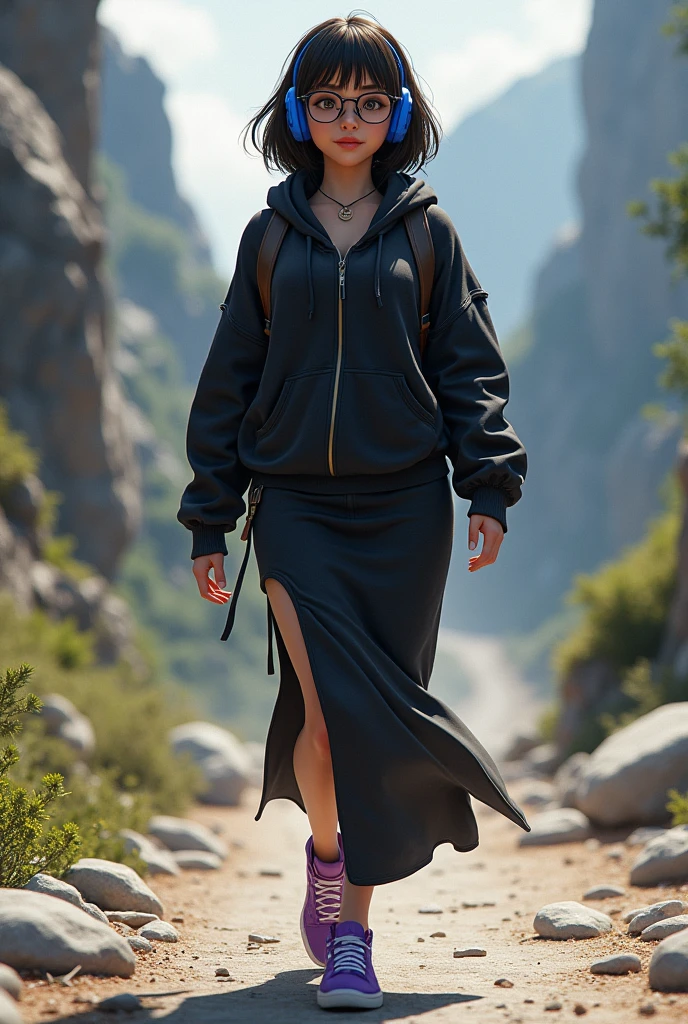 realistic image of a sexs girl 17 year Have big breasts old Using Black hoodie,Wear glasses Holding the hit backpack and Tight long skirtwith purple shoes, wearing a blue headset, Walking on a rocky road