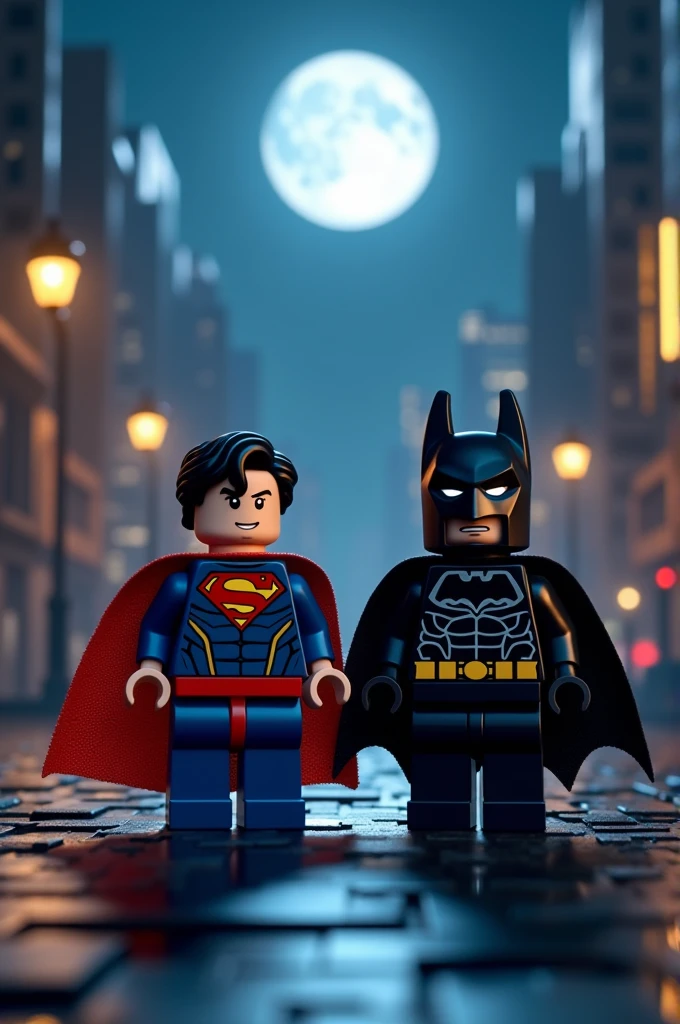 Superman and Batman in lego art, night
