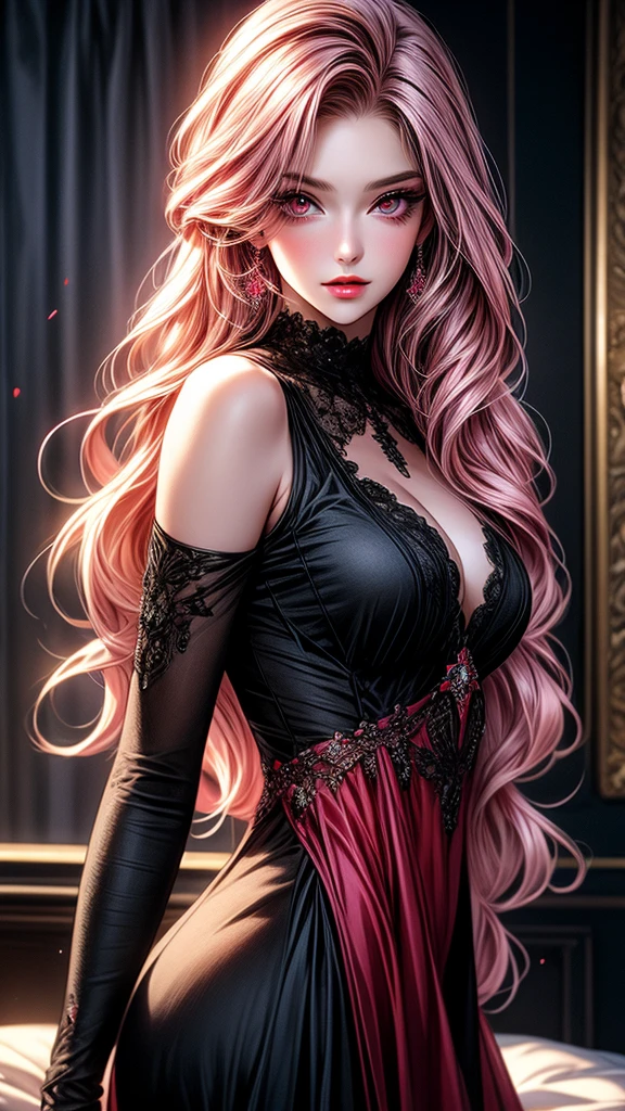 A seductive girl, beautiful detailed eyes,beautiful detailed lips, pink hair, very long hair, Ruby red eyes, off-soldiers, beautiful dress, extremely detailed eyes and face,long eyelashes, illustration, ultra-detailed, best quality, 4k, 8k, masterpiece:1.2,ultra-fine painting,sharp focus,professional,vivid colors, parted lips, morden setting, bedroom background.