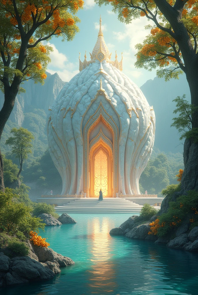 Palace made of single pearl , near a river , trees full of fruits