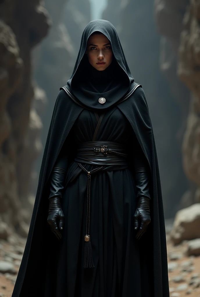 Female sith, buzzcut, black robe, standing, frontal, black hood