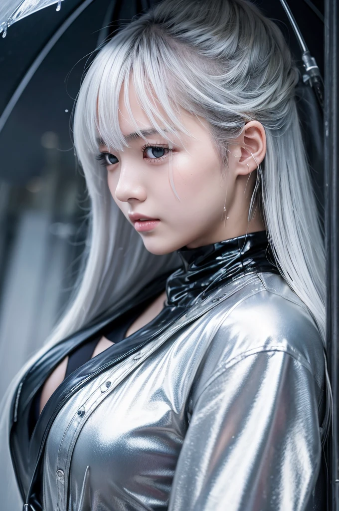 In this scene, a beautiful Japanese girl is depicted realistically.、She has a sharp gaze、She is depicted with wet white-silver hair falling over her face.。The background is a gray gradient、It gives the feeling of rough weather and the aftermath of a battle.。She is wearing a shiny silver sheer vinyl outfit.、This costume is、The texture of the raindrops sticking to your skin is realistically expressed.。
She clenched her fists、The other hand is pulled sharply、preparing for battle。As a photographic technique、The contrast of light and shadow is used skillfully.、In particular, the texture of her skin and the sheen of her outfit are emphasized.。The movement of water droplets splashing is captured in an instant.、The realism of moving scenes is emphasized, making them appear still.。
The overall screen is composed of vertical screens.、Her gaze naturally drifted from her face to her fist.、And it's designed to lead you into the background.。Ultra-realistic live-action depiction、The visuals are so powerful they seem like a scene straight out of a movie.。