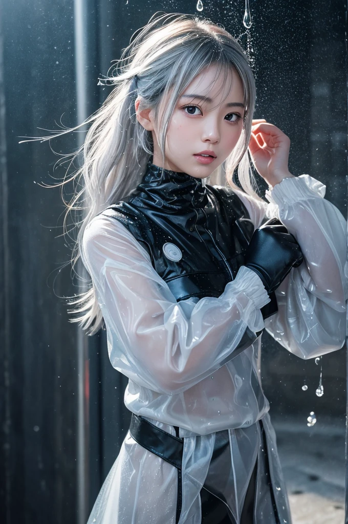 In this scene, a beautiful Japanese girl is depicted realistically.、She has a sharp gaze、She is depicted with wet white-silver hair falling over her face.。The background is a gray gradient、It gives the feeling of rough weather and the aftermath of a battle.。She is wearing a shiny silver sheer vinyl outfit.、This costume is、The texture of the raindrops sticking to your skin is realistically expressed.。
She clenched her fists、The other hand is pulled sharply、preparing for battle。As a photographic technique、The contrast of light and shadow is used skillfully.、In particular, the texture of her skin and the sheen of her outfit are emphasized.。The movement of water droplets splashing is captured in an instant.、The realism of moving scenes is emphasized, making them appear still.。
The overall screen is composed of vertical screens.、Her gaze naturally drifted from her face to her fist.、And it's designed to lead you into the background.。Ultra-realistic live-action depiction、The visuals are so powerful they seem like a scene straight out of a movie.。