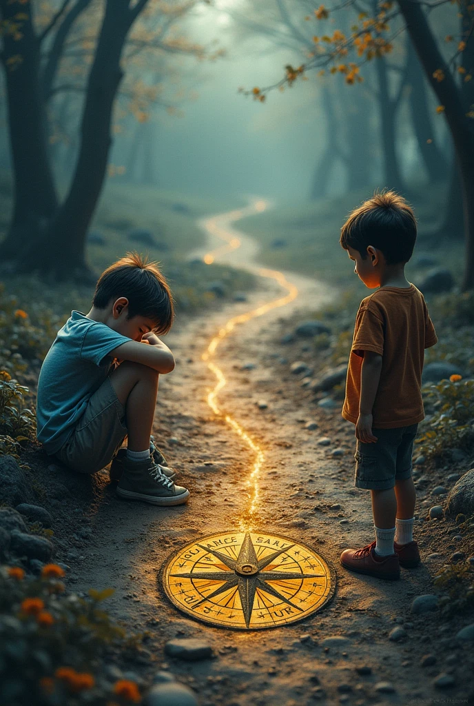 ### Left Side (Hopeless Child):
- **Statement**: "Lost in Uncertainty..."
- **Placement**: Near the slumped child, where the path is rugged and winding.
### Right Side (Confident Child):
- **Statement**: "Finding My Way Forward!"
- **Placement**: Near the child standing tall and confident, close to the smoother path leading to the compass.
### Center (Compass):
- **Statement**: "Guidance is the Compass to Your Potential"
- **Placement**: Just below or above the glowing compass in the center of the poster.
These statements should help convey the emotional transition from despair to hope, aligning with the visual journey depicted in the poster.