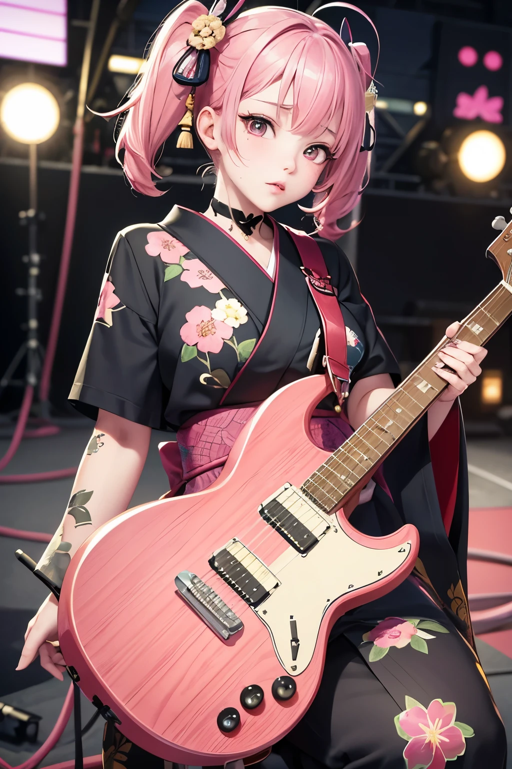 masterpiece, best quality, very detailed, high resolution, expensive resolution, high resolution, 4K, 8k, Unity 8k wallpaper, highly detailed CG, masterpiece, 2D, 3D, beautiful details, depth, fine texture, best quality: 1.3, perfect focus, crispy skin, he,
Very cute anime girl, girl playing guitar vocals in a band wearing a Japanese fancy floral haori hakama, on outdoor stage, full body, expensive pink and black short twin tail hair, mole under eye, looking at the viewer, expensive, blush, mole, lips open, , heart choker, pink eyes, guitar vocals, stage