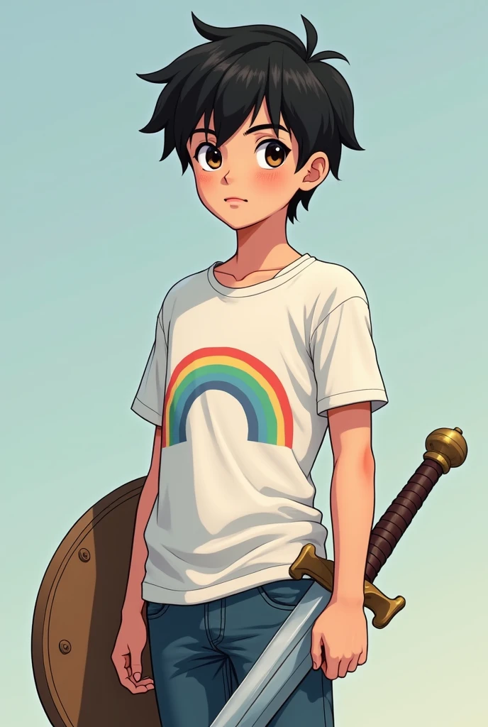 A ((15 year old boy)) with (black hair and dark brown eyes), featuring softly corved nose and lips ))), and a slightly pointed chin dressed in a short with a sleek,((white and subtle, growing rainbow print )) and denim jeans )), excluding a youthful, innocent yet cool vibe. He 's posed confidential in a (full body shot ) under a clear (( natural light)) backdrop, created a (( high quality, natural photographar))), evoking a cool, teenage aesthetic  in hand sword and saving shield 