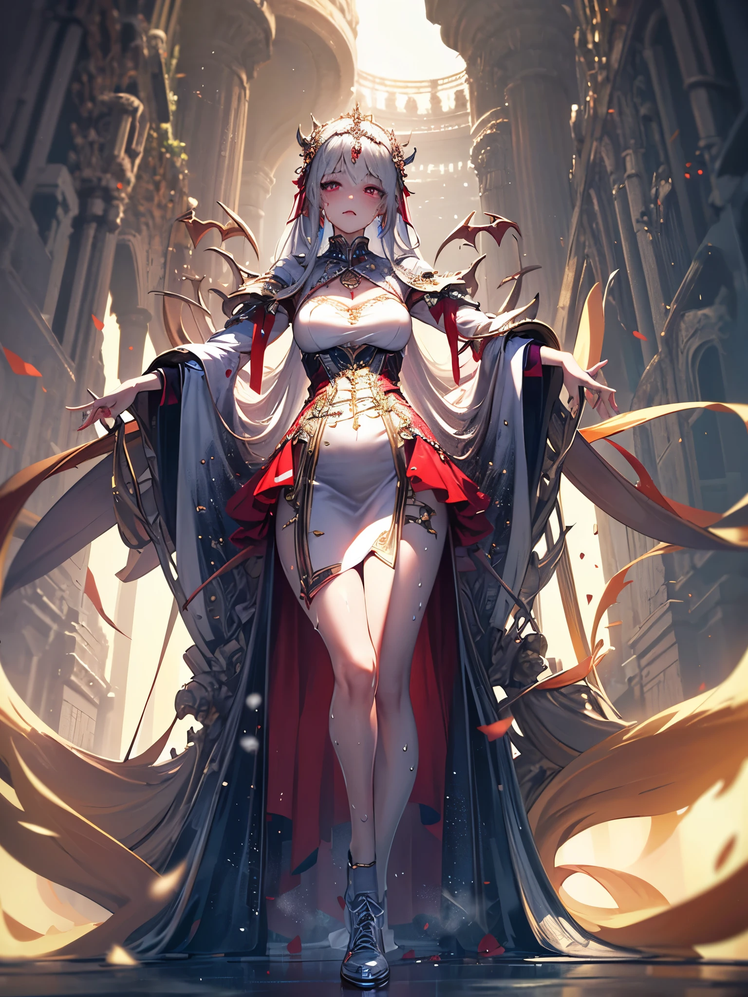 snowing cave, frozen cave, (masterpiece, top quality, best quality, official art, beautiful and aesthetic:1.2), (1girl:1.3), (fractal art:1.3), absurd, masterpiece, best quality, realistic, hyper-detailed, (shiny skin, sweaty:1.4), looking at viewer, slender, 1girl, solo, pure white sneakers, miniskirt, silver color straight long hair, princess cut, red eyes, (thick thighs:0.5), dynamic lighting, high resolution, sharp focus, depth of field, small breasts, vampire, masterpiece, best quality, ultra-detailed, illustration, ultra-detailed face, best quality face, evil, 24 years old, adult, 1girl, 24 years old, no human, alchemy outfit, intricate detailed outfit, sexy pose, glowing red dress, cute, kawaii, digital art, finely detailed eyes, showing a delicate slim figure and graceful curves, (beautiful long legs:1.3), bend at the waist,