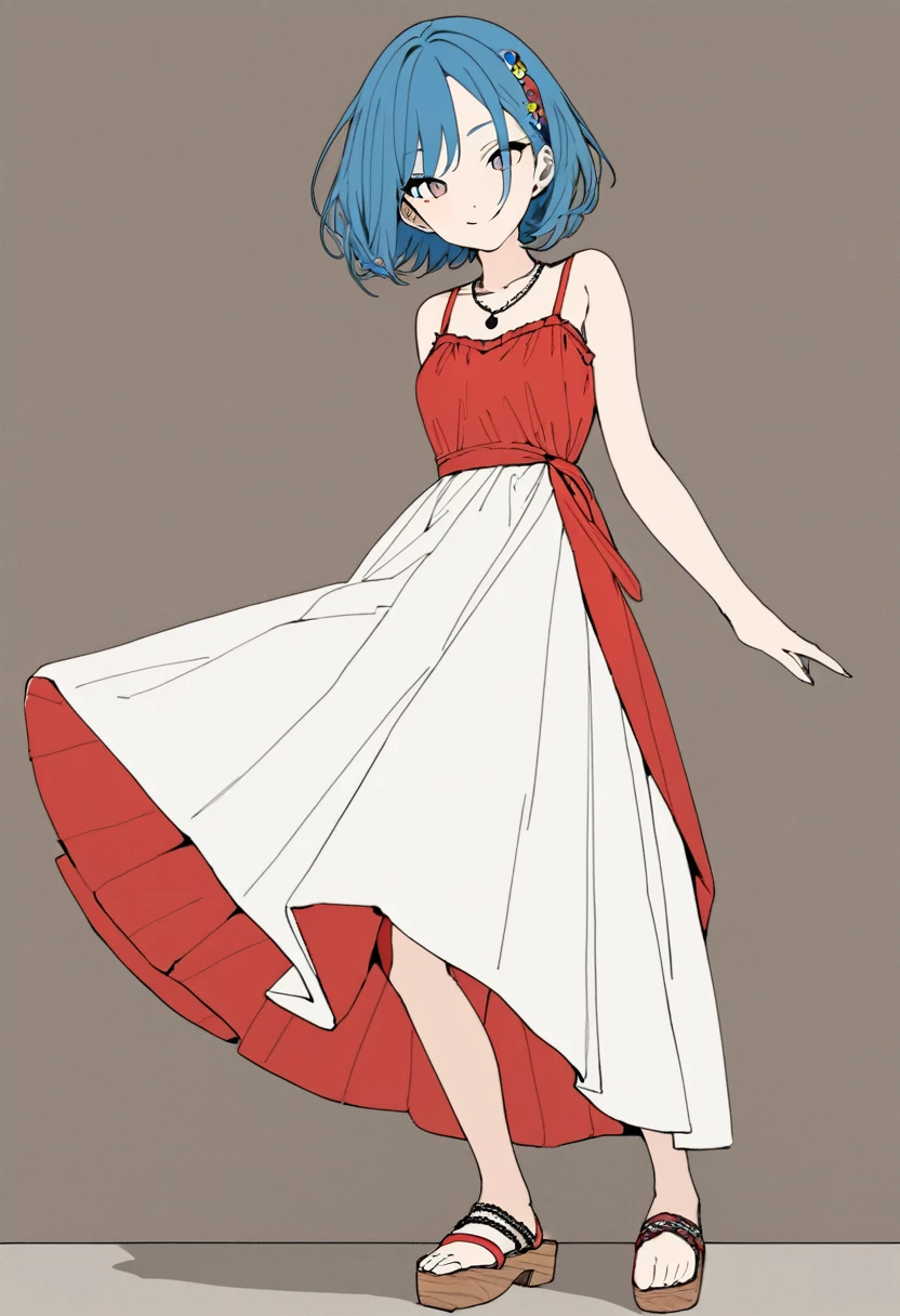 (masterpiece, best quality,ultra highres),(flat color:1.1),latest fashion girl,(shibuya hair-accessories,Red gathered camisole dress,wood sandals),necklace,white stage, BREAK ,dance pose,smile,(16yo,detailed face,(darkblue wavy-short hair),eyebrows,middle small breasts),fullbody