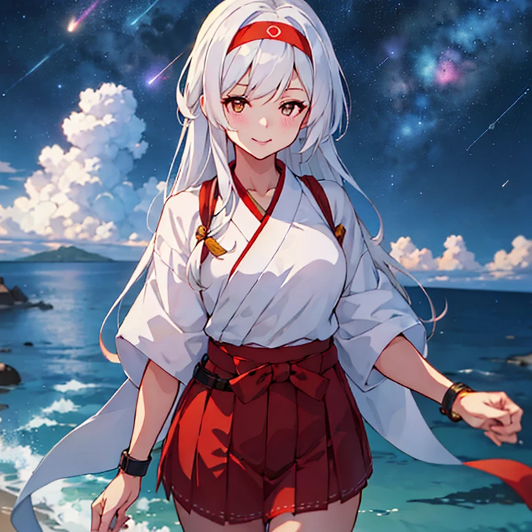 shoukaku_kantaicollection,
long_hair, hairband, white_hair, brown_eyes, smile, headband, blush, muneate,
(masterpiece:1.4),(best quality:1.4), (amazing), (great illustration:1.4), (ultra-detailed:1.4), (art CG, 8K),1girl solo,full body,KonishiCSA,(hakama:1.2)
(gacha game SSR character:1.4),
You can create a 2D RPG top view scene with a summer ocean sky and many meteor showers with high quality graphics.