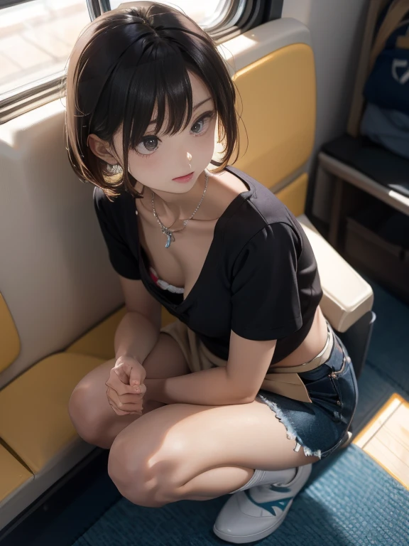 1 girl, Highest quality, Ultra-high resolution, Highly detailed skin, Physically Based Rendering, Small breasts, Flat Chest, Down blouse, ( Japanese student, Dee fine bra, Layered short sleeve blouse, Small breasts, full), Sitting, Squatting on the train, short hair, necklace, close, From top left, Focus on the chest, High brightness