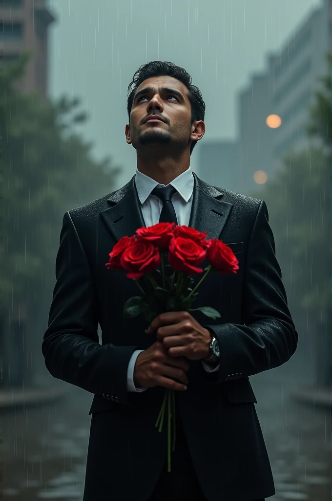 A man in black suit holding bunch of rose flowers in his hands looking into yhe sky while raining.