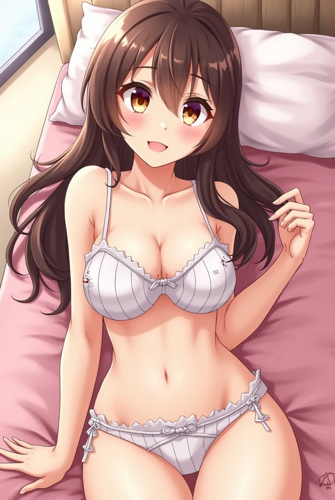 Draw a girl inviting you to bed in anime style。Take off your underwear。Just have sex。Have sex with a man。Draw me with a sexy face。