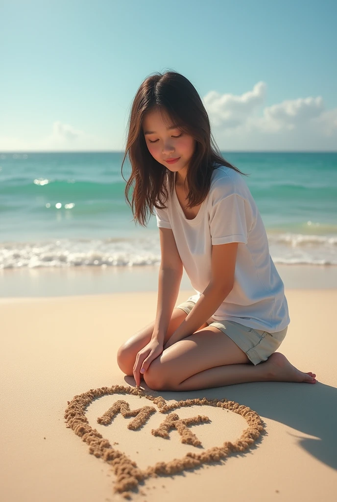 A 18 years old girl draws a heart on sand near sea and writes "M  K" inside that heart
