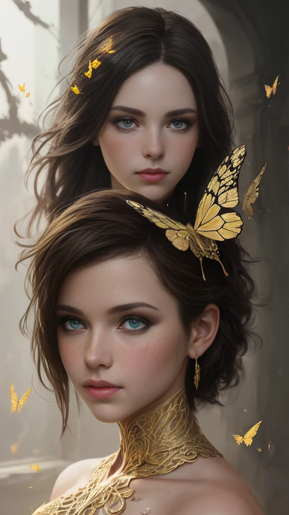 8k portrait of beautiful cyborg with brown hair, intricate, elegant, highly detailed, majestic, digital photography, art by artgerm and ruan jia and greg rutkowski surreal painting gold butterfly filigree, broken glass, (masterpiece, sidelighting, finely detailed beautiful eyes: 1.2), hdr.
