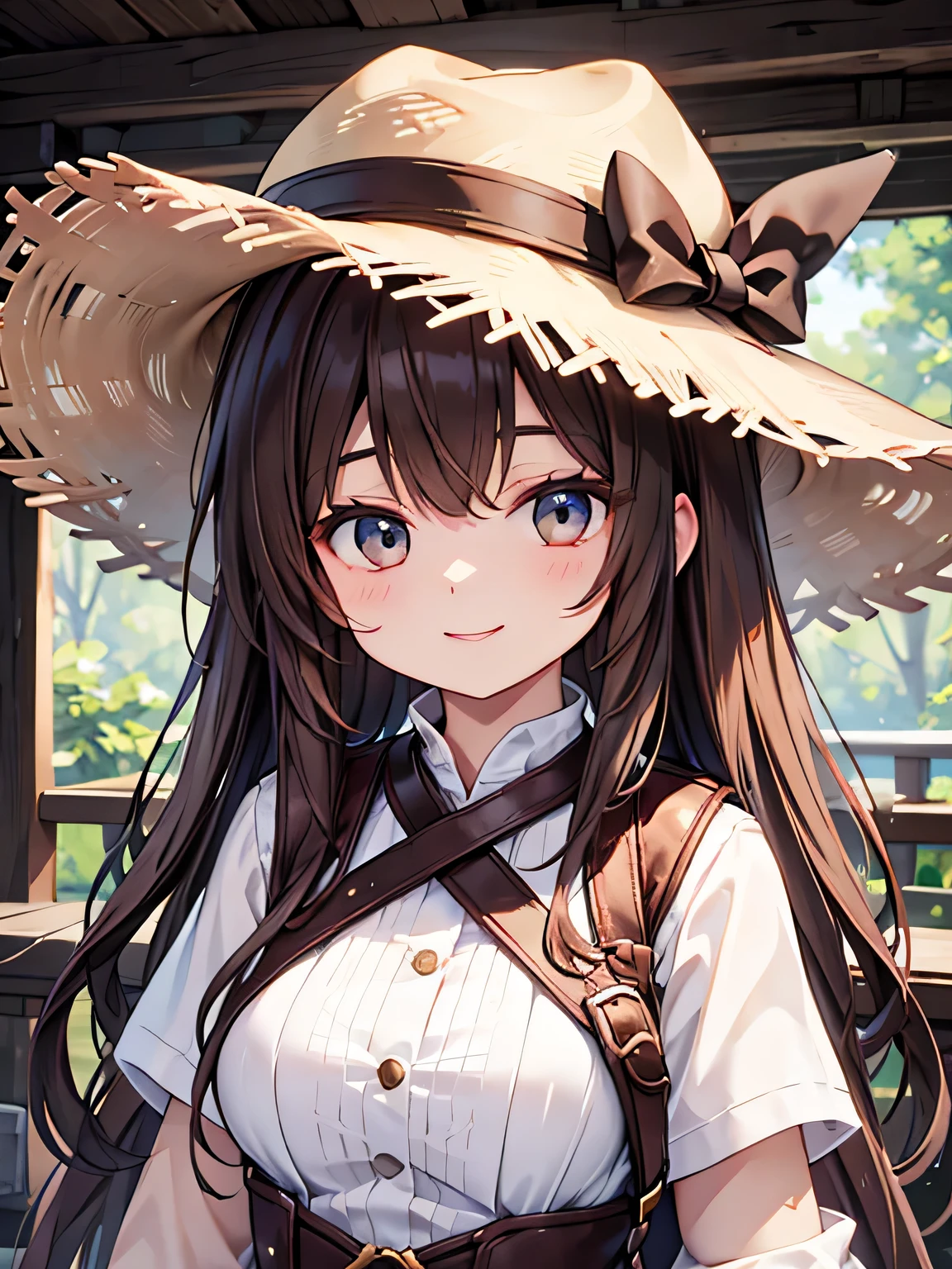 explorer look、woman、Brown Hair、hat、smile、Upper Body、G Cup