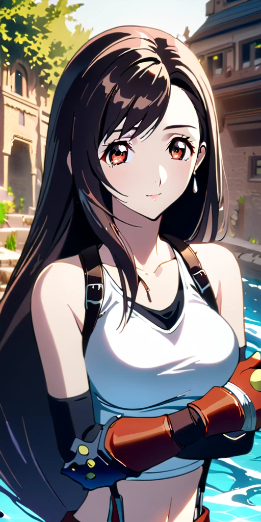 (((((tifa lockhart,Final Fantasy 7:1.5))))),((Highest quality、masterpiece、anime style、best quality、high resolution、8k、detailed、ultra-detailed:1.3))、Long legs:1.2, Beautiful woman with perfect figure:1.4、(Smiling:1.2), double eyelid、30-year-old female、((((One Woman,beautiful face,Beautiful face、Outdoor,upper body:1.5)))),Big Breasts、High resolution, accurate, Anatomically correct, High-resolution model, high quality, Very detailed, Ultra high definition、Black Hair、Straight Hair、Long Hair,Red open finger gloves,(Uplifting、action、contrapposto pose、dynamic、dynamicポーズ、dynamic motion:1.5)、(((((speed lines、action lines,movement,dynamism:1.0)))))、(water)
,effect